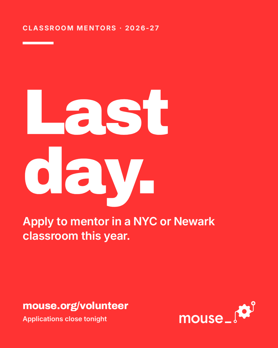 mouse_org's tweet photo. Today is the last day to join Mouse as a classroom mentor this fall.

A few minutes to apply. Training provided. A New York City or Newark classroom this year.

Join us in cultivating today’s students to become tomorrow’s leaders.

https://t.co/DPdmzJYGki https://t.co/fmQyZkylel