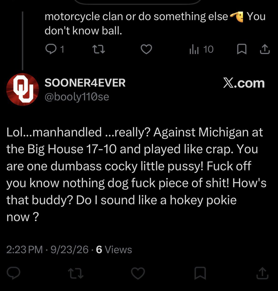 sadOKSTfan's tweet photo. That wasn't hard🤷🏼‍♂️ Is it me or have the majority of OU fans gotten softer since they joined the SEC? #ROLLDAMNPOKES https://t.co/Fk62xR6WL5