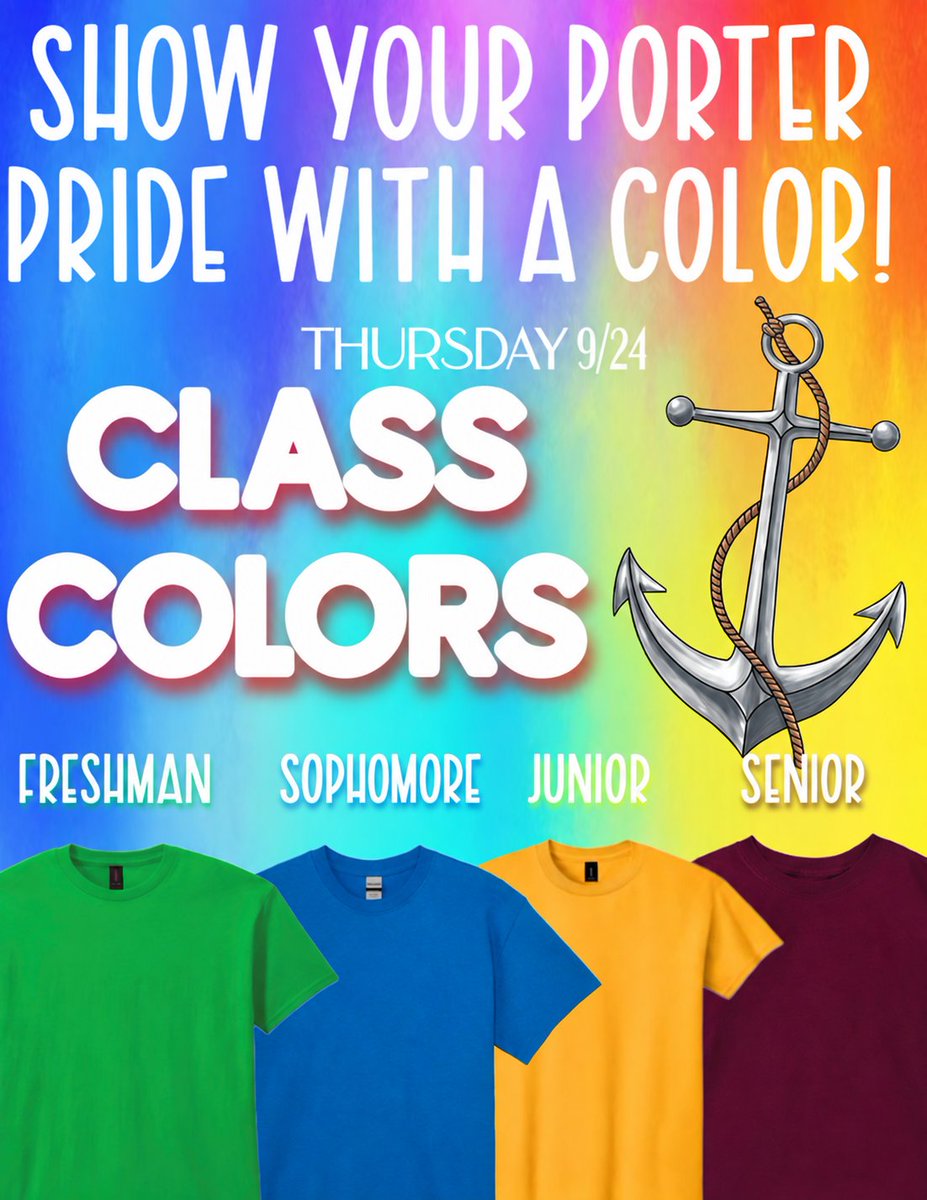 LockportHS205's tweet photo. Porters, remember to wear your class colors tomorrow, Thursday! Show your class pride as we celebrate Homecoming Week at the outdoor school assembly.💚💙💛❤️
#PorterPride https://t.co/G64qBGt21n
