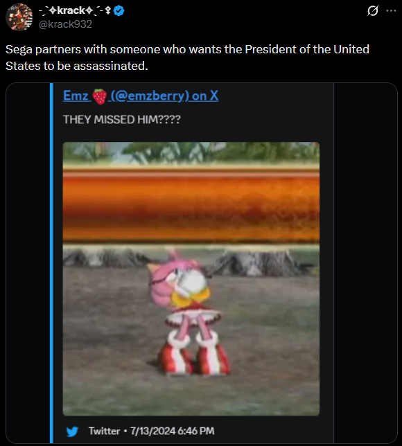 Manahbee's tweet photo. Agreed, @MadamSavvy, also @SEGA_OFFICIAL, there's even a creator @emzberry who wants death to trump, and most likely people who agree with him, and they're in the SEGA Creator Zone! Also, @MiiaTzu was kicked out of the Creator Zone just for having different opinions than others, which ain't fair at all, so either both are ok or neither is ok.