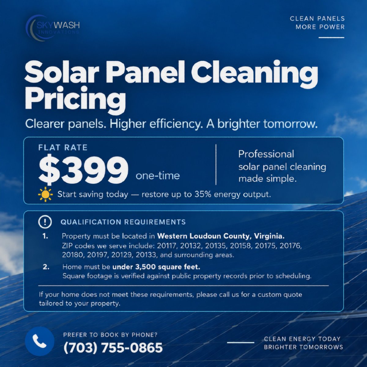 SkyWashTeam's tweet photo. 💲 $399 flat rate — no hidden fees.

Professional solar panel cleaning to remove dirt, pollen &amp; bird droppings and help restore up to 35% lost energy production.

📍 Western Loudoun County, VA
📞 (703) 755-0865
🌐 https://t.co/bEXXgtdLe9

#SolarPanelCleaning #SolarEnergy https://t.co/2sWlRQIZmd