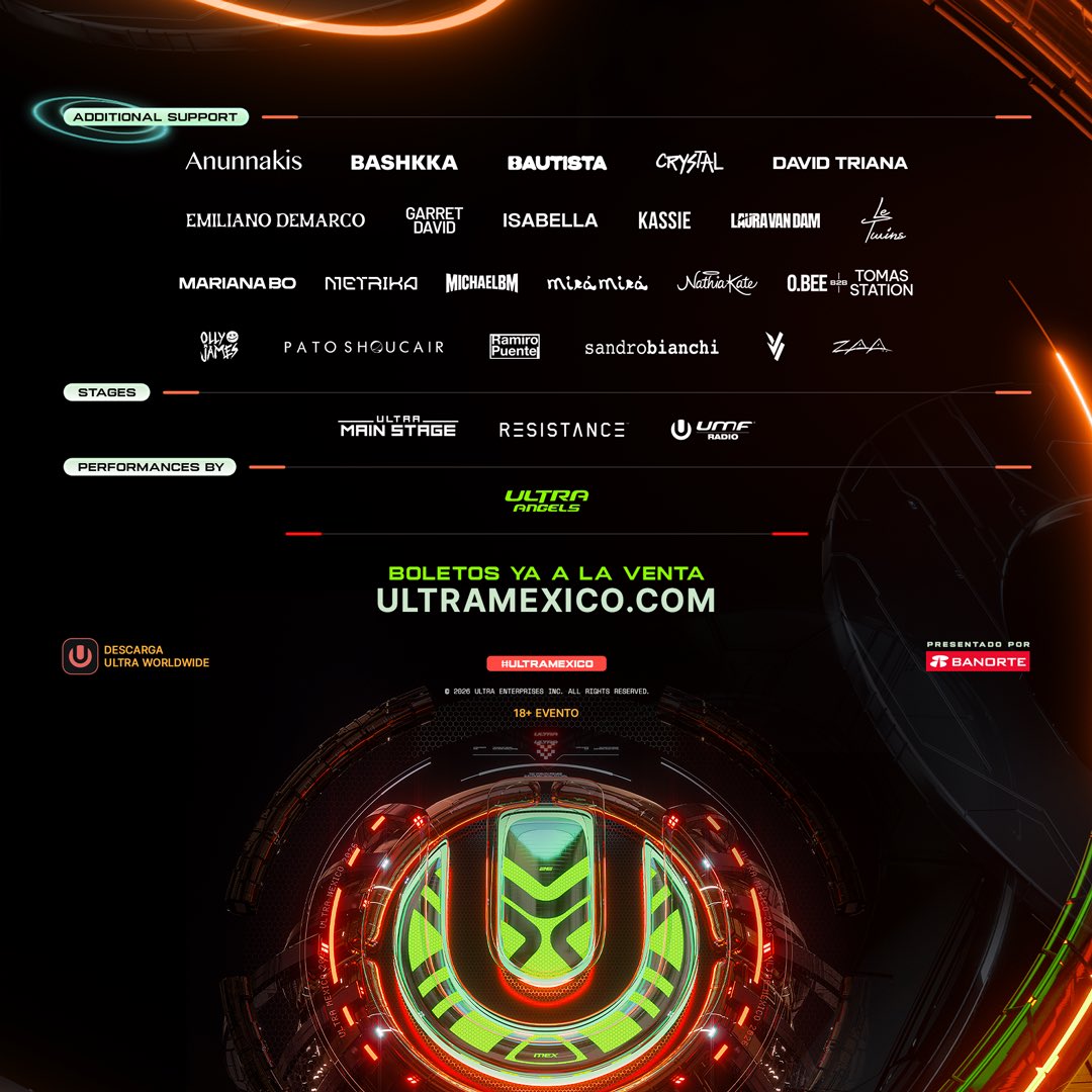 UMFMexico's tweet photo. EL LINEUP COMPLETO DE ULTRA MÉXICO YA ESTÁ AQUÍ. 🇲🇽🔥

Dos días para vivir la música a otra escala.
Artistas que recorren los escenarios más grandes del mundo, reunidos en Ciudad de México para una edición que promete ser inolvidable.

7 &amp; 8 DE NOVIEMBRE · ESTADIO BANORTE https://t.co/JLNyo9NaDK