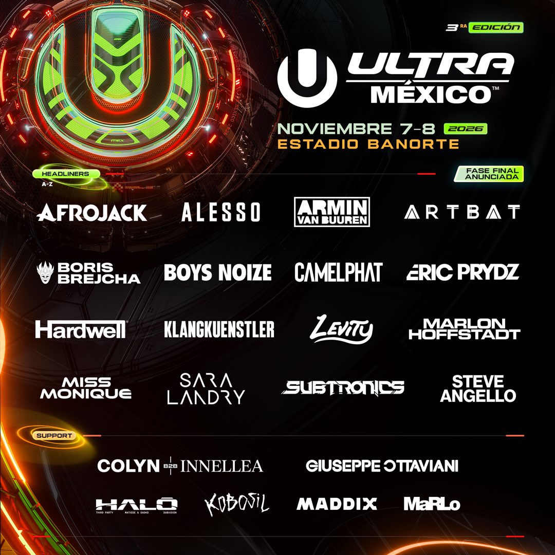 UMFMexico's tweet photo. EL LINEUP COMPLETO DE ULTRA MÉXICO YA ESTÁ AQUÍ. 🇲🇽🔥

Dos días para vivir la música a otra escala.
Artistas que recorren los escenarios más grandes del mundo, reunidos en Ciudad de México para una edición que promete ser inolvidable.

7 &amp; 8 DE NOVIEMBRE · ESTADIO BANORTE https://t.co/JLNyo9NaDK
