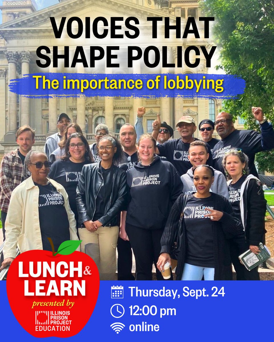ILPrisonProject's tweet photo. 🔔 Tomorrow! 
We need policy change, but few know how to win it. At our next 🍎 Lunch + Learn, we talk about the importance of legislative advocacy and lobbying, and why formerly incarcerated people must lead the fight
🗓️ Thurs 9/24 at 12:00 pm
🌐 RSVP: https://t.co/GUvkLeReZs https://t.co/RZDhW0mdU5