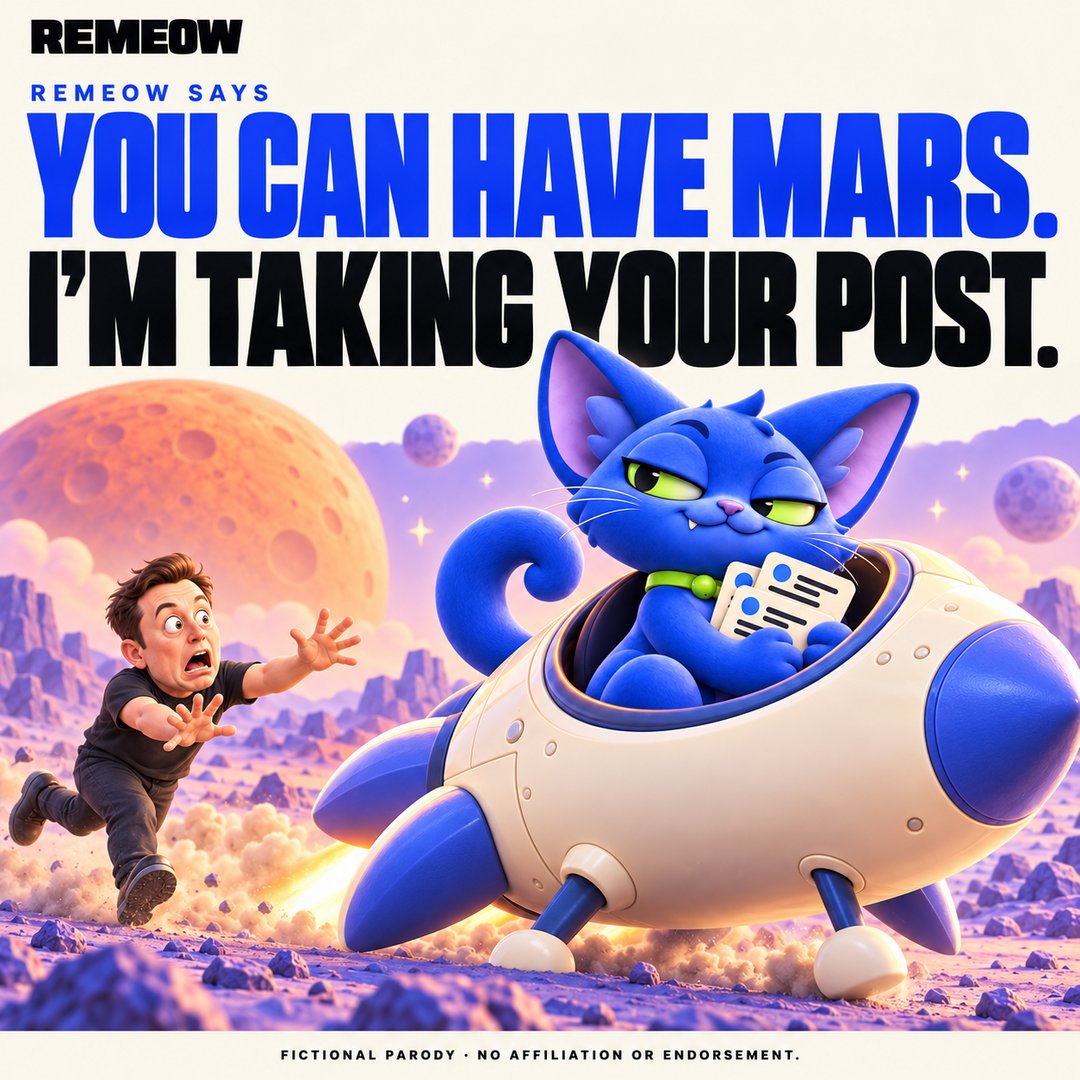 remeowsol's tweet photo. @elonmusk  brought the rocket.
REMEOW brought absolutely nothing.
Guess who’s taking the credit.

Who should the cat steal the spotlight from next?

$REMEOW

Fictional parody. No affiliation or endorsement. https://t.co/7KMojqcuxV
