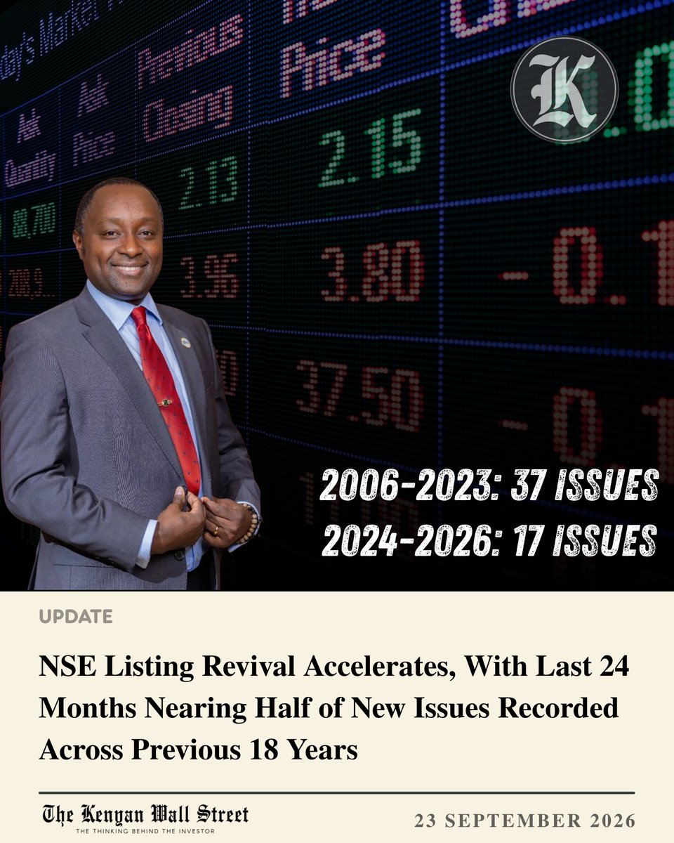 kenyanwalstreet's tweet photo. The NSE is seeing its strongest burst of new-issue activity in years, with 17 completed and announced issues across 2024–2026, 46% of the 37 issues identified across the previous 18 years.

2️⃣0️⃣2️⃣6️⃣
◉ Quickmart ➠ IPO 🔜
◉ AA Kenya ➠ Introduction 🔜
◉ Karakuta Fresh Produce ➠ Introduction 🔜
◉ WSA Banking Index ETF ➠ ETF 🔜
◉ TRIFIC Green USD I-REIT ➠ REIT
◉ Family Bank ➠ Introduction
◉ I&M Bank ➠ Corporate Bond
◉ Spearhead Africa Infrastructure Fund ➠ Infrastructure Fund
◉ KMRC ➠ Sustainability Bond
◉ ALP Industrial I-REIT ➠ REIT IPO
◉ Kenya Pipeline ➠ IPO

2️⃣0️⃣2️⃣5️⃣
◉ Safaricom ➠ Green Bond
◉ EABL ➠ Corporate Bond
◉ Linzi FinCo 003 ➠ Infrastructure ABS
◉ Satrix MSCI World Feeder ➠ ETF
◉ Shri Krishana Overseas ➠ Introduction

2️⃣0️⃣2️⃣4️⃣
◉ Linzi FinCo ➠ Sukuk

2️⃣0️⃣2️⃣3️⃣
◉ LAPTRUST Imara I-REIT ➠ REIT

2️⃣0️⃣2️⃣2️⃣
◉ KMRC ➠ Corporate Bond

2️⃣0️⃣2️⃣1️⃣
◉ EABL ➠ Corporate Bond
◉ Family Bank ➠ Corporate Bond

2️⃣0️⃣2️⃣0️⃣
◉ Homeboyz Entertainment ➠ Introduction
◉ Centum Real Estate ➠ Corporate Bond

2️⃣0️⃣1️⃣9️⃣
◉ Acorn Holdings ➠ Green Bond

2️⃣0️⃣1️⃣8️⃣
◉ BK Group ➠ Cross-listing
◉ EABL ➠ Corporate Bond

2️⃣0️⃣1️⃣7️⃣
◉ NewGold ➠ ETF

2️⃣0️⃣1️⃣6️⃣
◉ Nairobi Business Ventures ➠ Introduction

2️⃣0️⃣1️⃣5️⃣
◉ Stanlib Fahari I-REIT ➠ REIT IPO
◉ Centum ➠ Corporate Bond
◉ Chase Bank ➠ Corporate Bond
◉ Imperial Bank ➠ Corporate Bond
◉ Real People ➠ Corporate Bond

2️⃣0️⃣1️⃣4️⃣
◉ Nairobi Securities Exchange ➠ IPO
◉ Flame Tree Group ➠ Introduction
◉ Kurwitu Ventures ➠ Introduction

2️⃣0️⃣1️⃣3️⃣
◉ Home Afrika ➠ Introduction
◉ Shelter Afrique ➠ Corporate Bond

2️⃣0️⃣1️⃣2️⃣
◉ Longhorn Publishers ➠ Introduction
◉ CIC Insurance ➠ Introduction
◉ Umeme ➠ Cross-listing
◉ Consolidated Bank ➠ Corporate Bond

2️⃣0️⃣1️⃣1️⃣
◉ Britam ➠ IPO
◉ CFC Insurance Holdings ➠ Introduction
◉ TransCentury ➠ Introduction

2️⃣0️⃣1️⃣0️⃣
◉ No major new issue identified

2️⃣0️⃣0️⃣9️⃣
◉ KenGen ➠ Infrastructure Bond

2️⃣0️⃣0️⃣8️⃣
◉ Safaricom ➠ IPO
◉ Co-operative Bank ➠ IPO

2️⃣0️⃣0️⃣7️⃣
◉ AccessKenya ➠ IPO
◉ Kenya Re ➠ IPO

2️⃣0️⃣0️⃣6️⃣
◉ KenGen ➠ IPO
◉ Scangroup ➠ IPO
◉ Eveready East Africa ➠ IPO
◉ Equity Bank ➠ Introduction