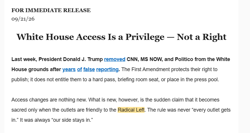 MacFarlaneNews's tweet photo. The Trump attorney is pivoting to a claim that CNN/MSNOW/Politico are banned for “national security” reasons.

Here’s the problem. The White House issued this official statement about the ban. It doesn’t argue “national security”… it argues something about the “Radical Left” https://t.co/fOOS8vtl2s