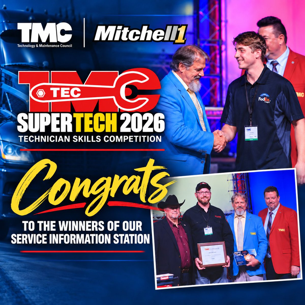 Mitchell1's tweet photo. A big shoutout to the winners of the Mitchell 1 Service Information Station at TMC SuperTech 2026! Michael Krause of Clarke Power Services (Professional Track), and Simeon Erdner (Student Track).

#TMCSuperTech26 #TMC26 #Mitchell1 #TruckTechnicians #DieselTechnicians https://t.co/evj1KK7zA6