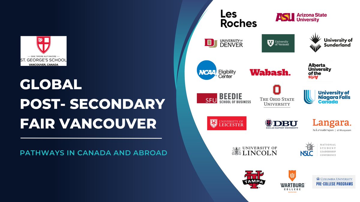 CollegeTrackrCA's tweet photo. Vancouver high school students! Your next big adventure awaits. Join us for the Global Post-Secondary Fair Vancouver, open to students from all across the city.

Oct 5 ⏰ 7:00 PM - 8:30 PM 📍 St. George's School (4175 W 29th Ave, Vancouver)

Register now: https://t.co/vl9znJzPzO https://t.co/mlMWVqSvok