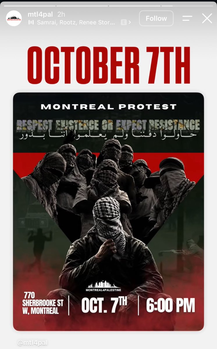 ThevoiceAlexa's tweet photo. 🚨 Montreal4Palestine is planning yet another demonstration on October 7, the anniversary of the Hamas attack in Israel that killed more than 1,200 people.

Why are authorities allowing pro-Hamas activists to publicly celebrate a terrorist attack? https://t.co/OEa6cEVqGe