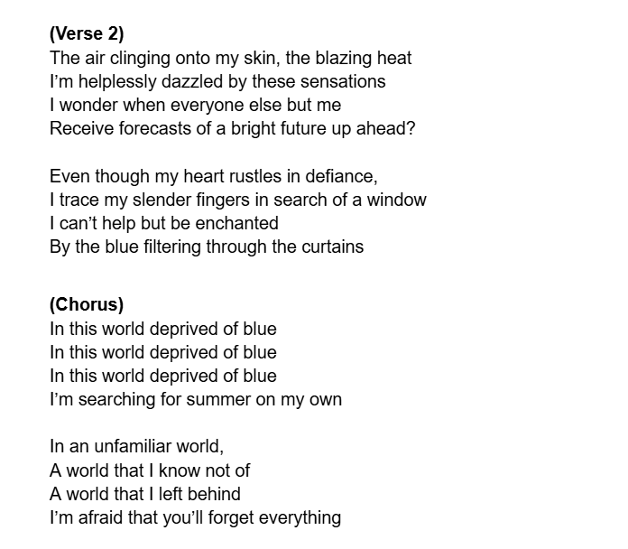 hisuisuhi's tweet photo. "I'm searching for summer on my own"

English translation of 青の足りない世界 / Ao no Tarinai Sekai (A World Deprived of Blue) by After the Rain (Soraru &amp; Mafumafu)

special thanks to @ZachLp26 and @krouelperson for assistance &amp; proofreading! 

(translation notes in replies) https://t.co/xEG6cmjTeF