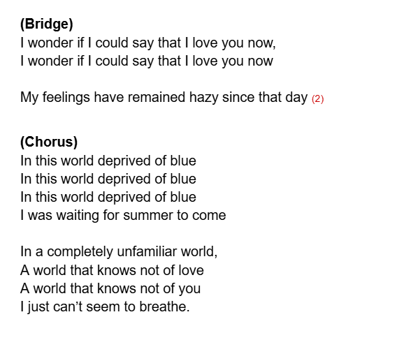 hisuisuhi's tweet photo. "I'm searching for summer on my own"

English translation of 青の足りない世界 / Ao no Tarinai Sekai (A World Deprived of Blue) by After the Rain (Soraru &amp; Mafumafu)

special thanks to @ZachLp26 and @krouelperson for assistance &amp; proofreading! 

(translation notes in replies) https://t.co/xEG6cmjTeF