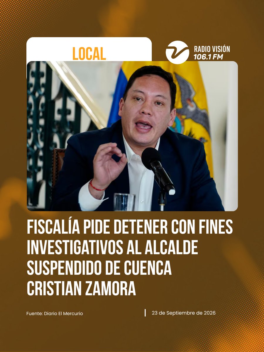 radialvision's tweet photo. Fiscalía pide detener con fines investigativos al alcalde suspendido de Cuenca, Cristian Zamora, por una investigación por presunto enriquecimiento ilícito https://t.co/a39GfVYjL2