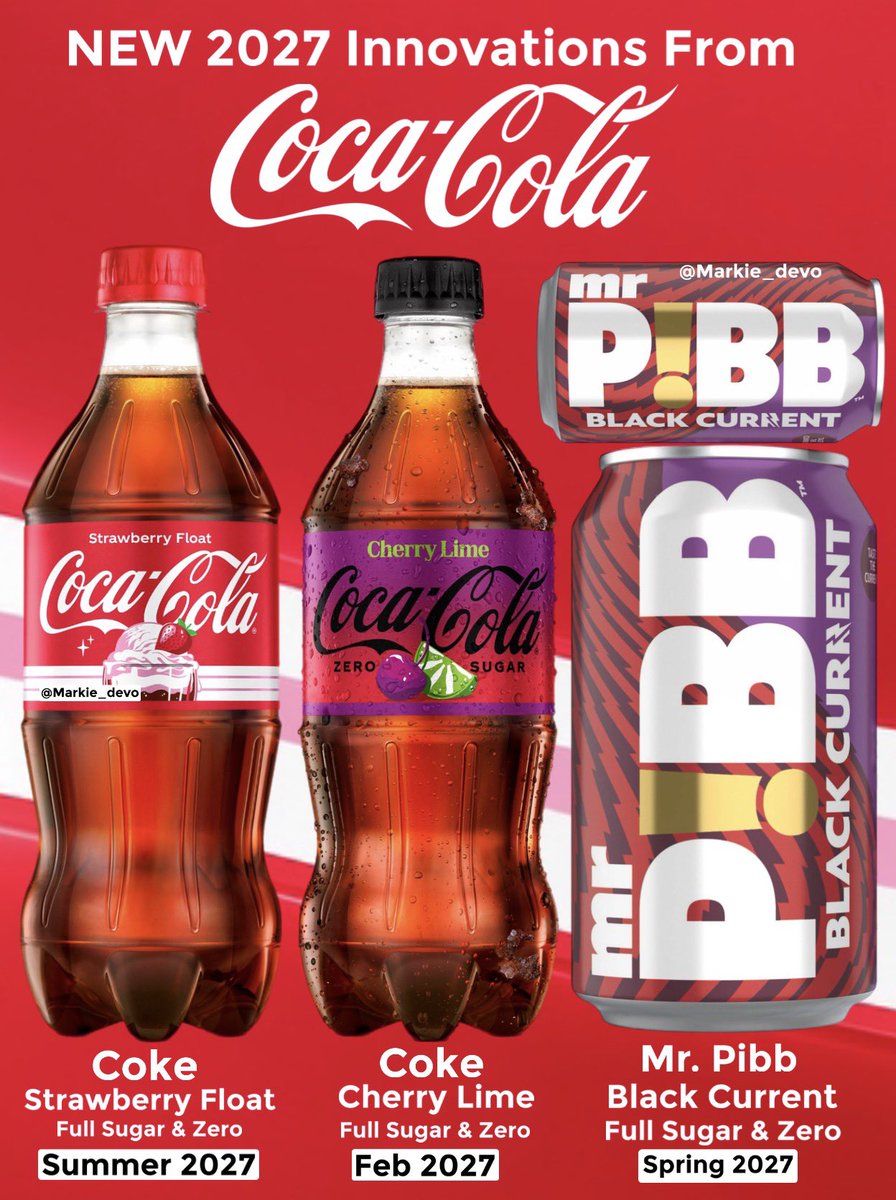 markie_devo's tweet photo. Strawberry Float Coke sounds like a good time!🍓🍨🥤

Coca-Cola released news on upcoming 2027 innvoations that will be presented at the NACS expo.

The flavors are::
-Coke Strawberry Float (Full-Sugar & Zero)::ETA Summer 2027.
-Coke Cherry Lime (Full-Sugar & Zero)::ETA Feb 2027.
-Mr. Pibb Black Current (Full-Sugar & Zero)::ETA Spring 2027. 

📺Stay tuned for exact dates and store info! I’ll update as soon as the compant relays that info. 

(News/Image::The Coca-Cola Company, NACS)

Thoughts👇🏻
