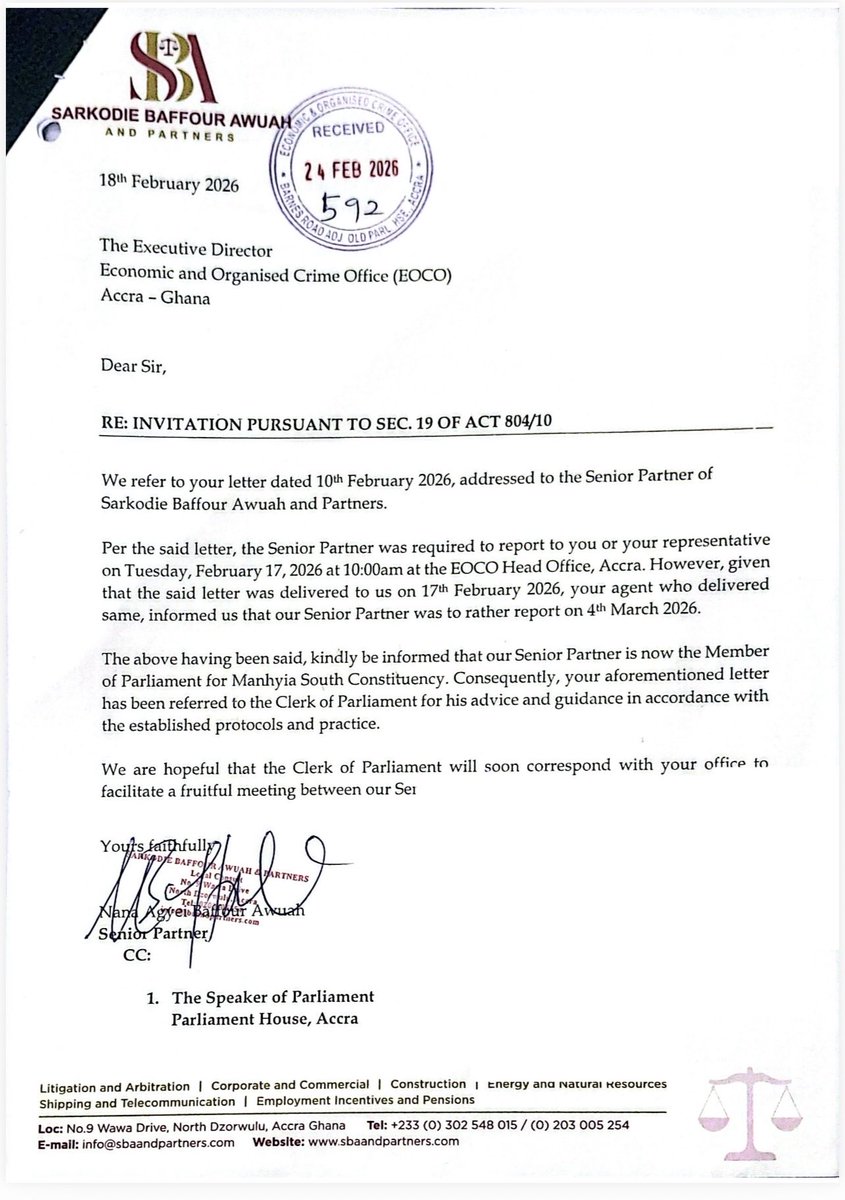 EltonBrobbey's tweet photo. Manhyia south MPs response to the EOCO letter dated February 10, 2026. https://t.co/4fkTt8pgj1