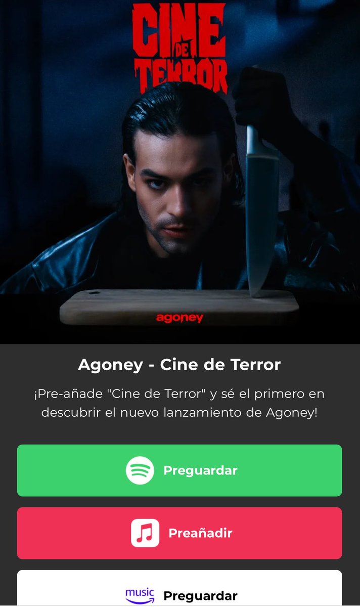 AgoneyUpdates's tweet photo. ℹ️| ¡Ya disponible el presave de "Cine de terror" el nuevo single de Agoney que saldrá este viernes 25.09.26! 🔪🩸

🔗Haz presave aquí:
https://t.co/ZCF1LVpkyw https://t.co/6OBqRjeq2b