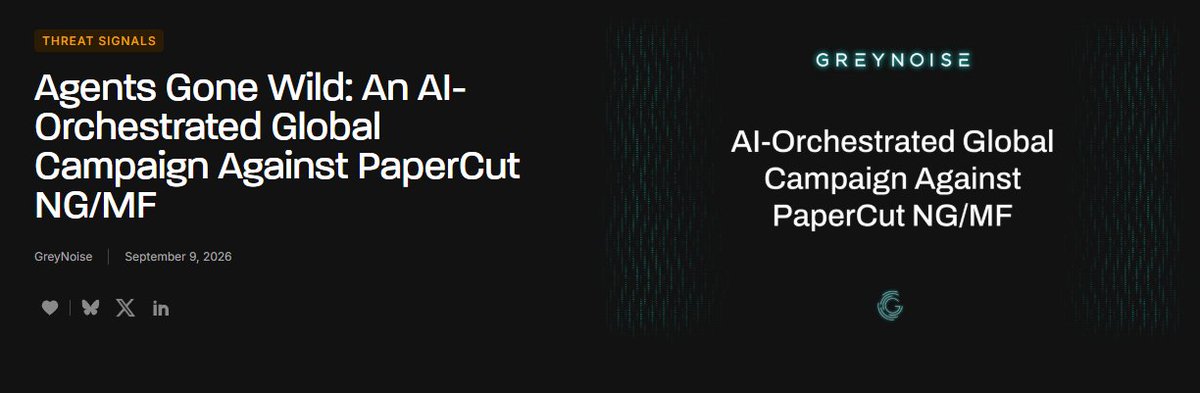 HashtagSecure's tweet photo. This is pretty wild.

GreyNoise tracked a hacker using hundreds of AI agents to go after PaperCut servers.

It took just 26 seconds for 11 organizations to be compromised.

At one US high school, they went from initial access to domain admin in 7 minutes.

https://t.co/b1M6vGPbh0 https://t.co/XGY3sijtga