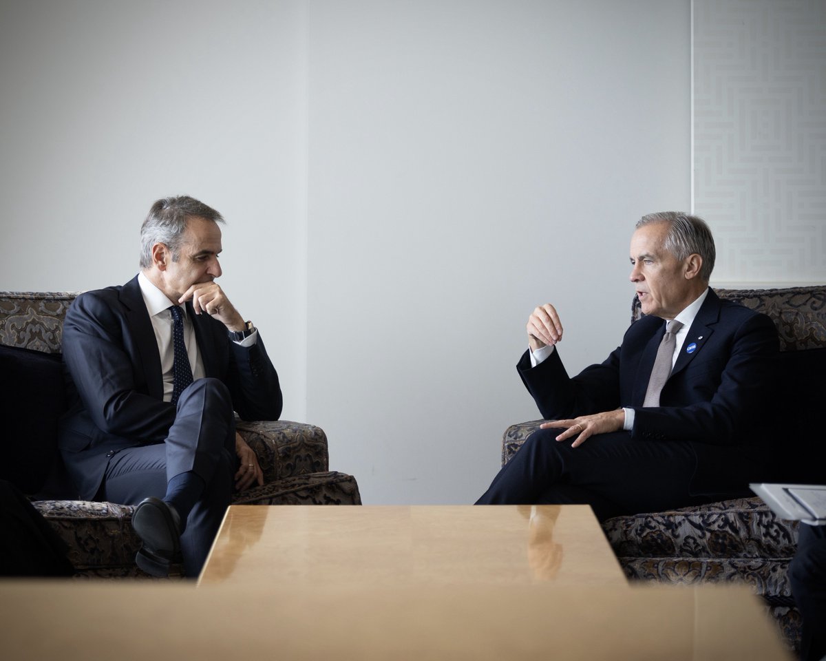 MarkJCarney's tweet photo. Canada and Greece are NATO Allies, with a partnership built over more than 80 years.

At the UN today, Prime Minister @kmitsotakis and I focused on how Canada and Greece can work more closely together. To strengthen our defence and security partnership. To create new opportunities in AI. To deepen Canada’s ties with the European Union.