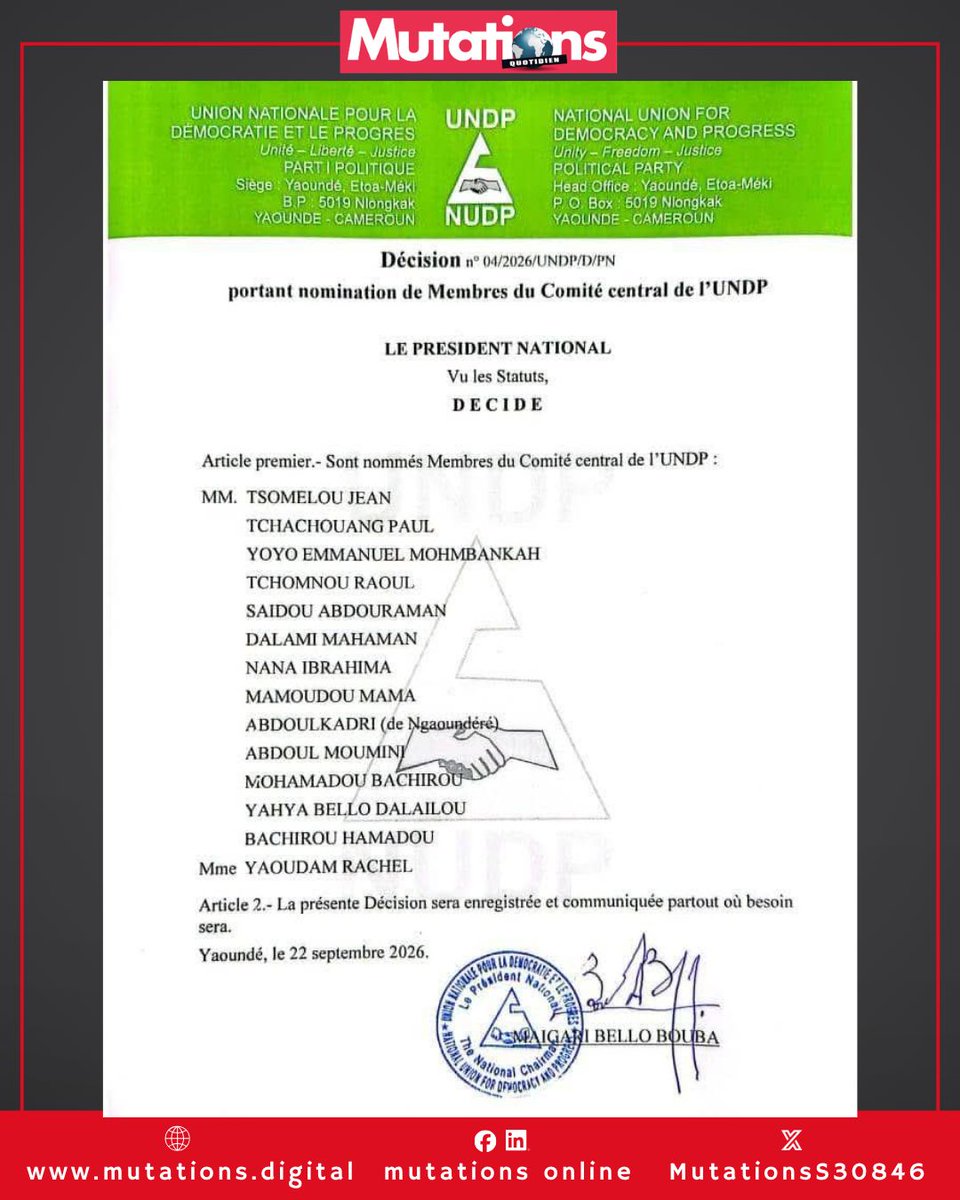 MutationsS30846's tweet photo. Comité central de l'Undp Bello Bouba nomme comme Paul Biya https://t.co/uRZIL05NcJ