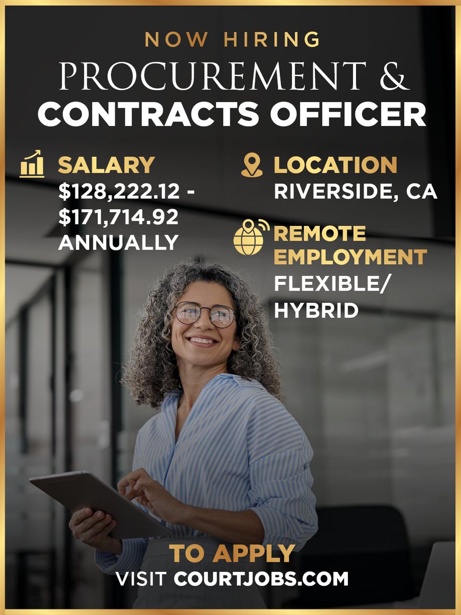 RivSupCourt's tweet photo. We’re hiring a Procurement &amp; Contracts Officer!

Lead procurement and contracting operations while advising Court leadership on strategy, compliance, negotiations and risk.

📍 Riverside, CA
💰 $128K–$171K
🏠 Flexible/Hybrid

Apply at https://t.co/eXbssijzQt https://t.co/PzPSJARN9m