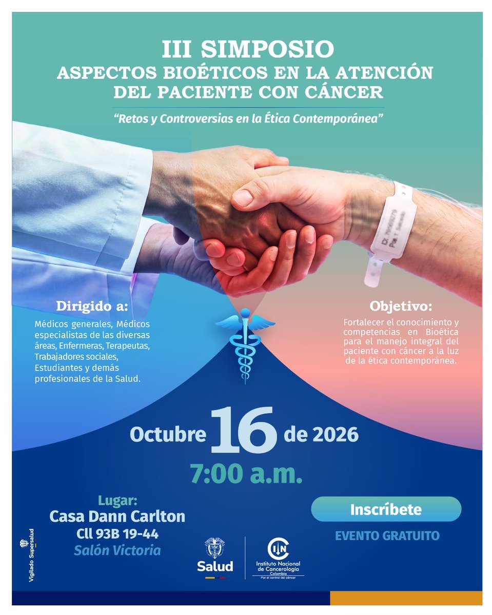INCancerologia's tweet photo. El próximo 16 de octubre, realizaremos el III Simposio Aspectos Bioéticos en la Atención del Paciente con Cáncer, un espacio para conversar sobre los retos y controversias de la ética contemporánea y fortalecer las herramientas para la toma de decisiones en la práctica clínica. https://t.co/k1bdEKHHhq