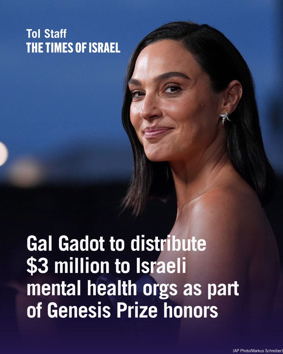 TimesofIsrael's tweet photo. Gal Gadot, the Israeli actress named as the laureate of the 2026 Genesis Prize, will distribute $3 million to some two dozen Israeli organizations focusing on mental health and trauma care.

The prize, known as the “Jewish Nobel,” comes with a $1 million award that laureates have traditionally dedicated to a philanthropic cause. Through a matching program with the Jewish Funders Network group of philanthropists, that sum has been expanded to $3 million.

The groups receiving grants include the United Hatzalah emergency service and Make-A-Wish Israel, according to reports. 

“After three years of war, loss, and extraordinary hardship, I believe recovery starts from within,” Gadot, best known for playing Wonder Woman on screen, says in a statement posted to Instagram.

Read more on The Times of Israel.