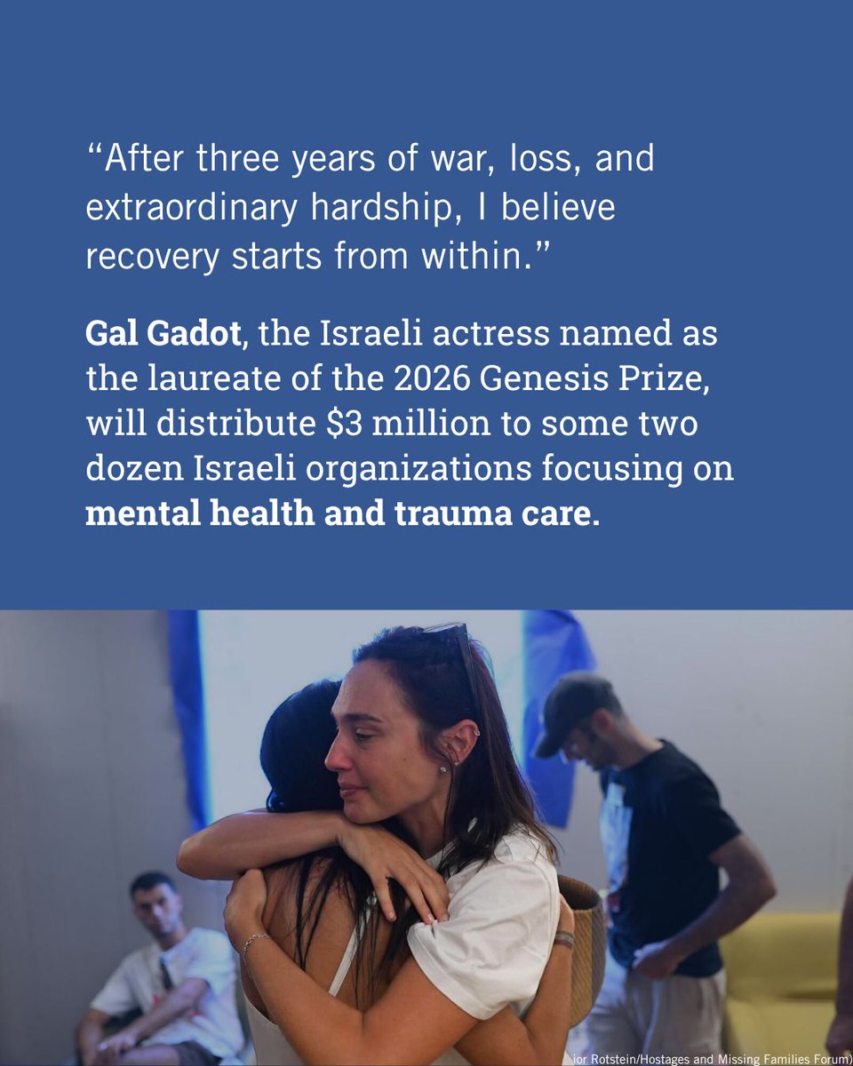 TimesofIsrael's tweet photo. Gal Gadot, the Israeli actress named as the laureate of the 2026 Genesis Prize, will distribute $3 million to some two dozen Israeli organizations focusing on mental health and trauma care.

The prize, known as the “Jewish Nobel,” comes with a $1 million award that laureates have traditionally dedicated to a philanthropic cause. Through a matching program with the Jewish Funders Network group of philanthropists, that sum has been expanded to $3 million.

The groups receiving grants include the United Hatzalah emergency service and Make-A-Wish Israel, according to reports. 

“After three years of war, loss, and extraordinary hardship, I believe recovery starts from within,” Gadot, best known for playing Wonder Woman on screen, says in a statement posted to Instagram.

Read more on The Times of Israel.