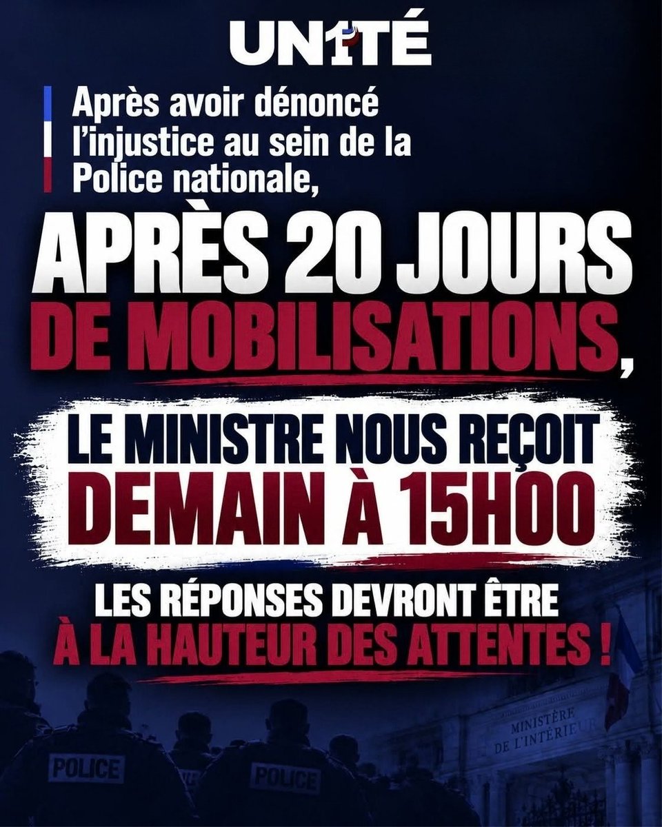 UN1TE_policenat's tweet photo. RDV MINISTRE

Après avoir dénoncé l'injustice au sein de la Police nationale, 
Après 20 jours de mobilisations ,

Le ministre nous reçoit demain à  15h00.

Les réponse devront être à la hauteur des attentes !

#UN1TÉ #policiersencolere https://t.co/75d3FNLQxo