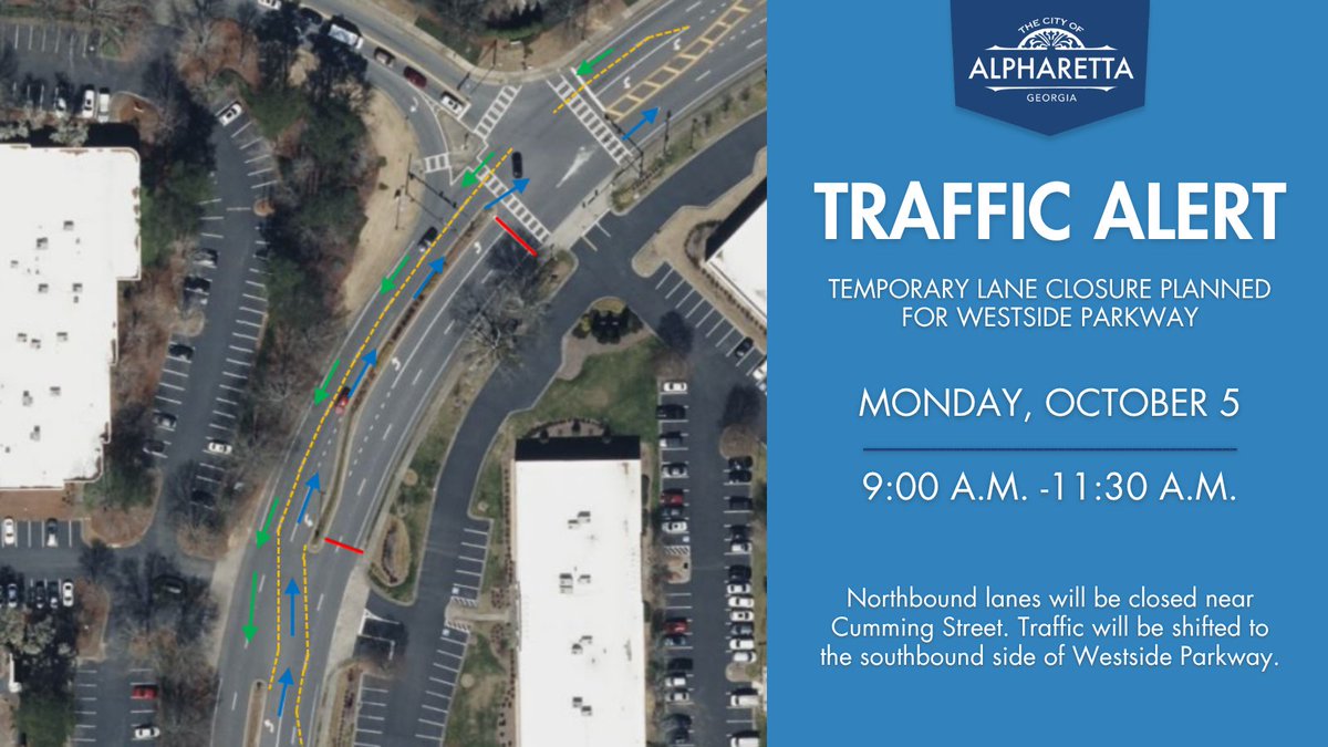 alpharettagov's tweet photo. 🚧 Traffic Alert: Westside Parkway

Monday, Oct. 5, 9–11:30 a.m., northbound Westside Parkway will be closed near Cumming Street for roadway work. https://t.co/oec8fzMdS6
