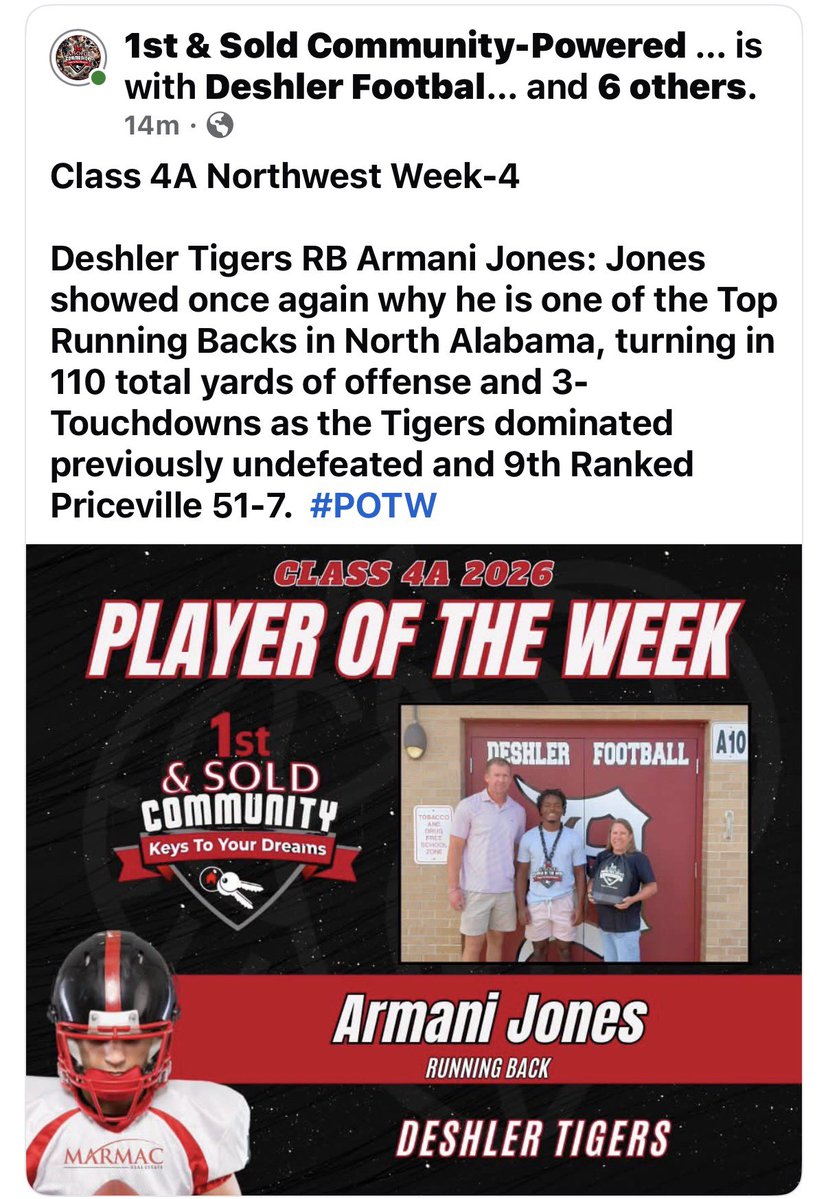 Armani_2027's tweet photo. Thank you 1st &amp; Sold Community for selecting me as the 4A Player of the Week for Northwest Alabama! The award, the recognition and the support means a lot! @PatrickMalone_ @DeshlerFball @DeshlerAthletic @spurgeon_lake @CoachGWoods @Jonesboy9191 @CoachPaxSpears https://t.co/Cgk9qlXtev