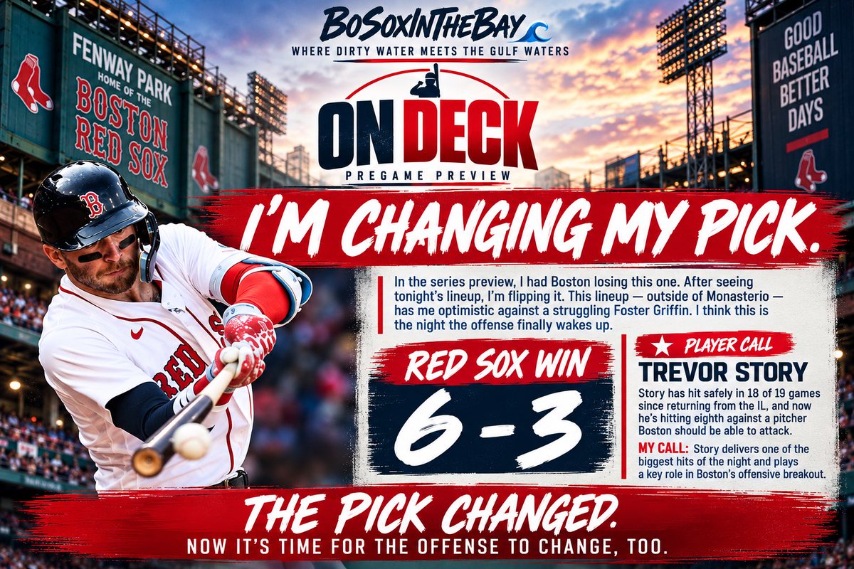 BoSoxintheBay's tweet photo. 🚨 I’M FLIPPING MY PICK.

I had Boston losing this one in the Series Preview.

But after seeing tonight’s lineup against a struggling Foster Griffin? I’m changing it.

🔥 The offense wakes up
⭐ Trevor Story delivers a big hit
🔮 Red Sox win 6–3

Time to find the offense.

Where #DirtyWater Meets The Gulf Waters ⚾️🌊🌴

#RedSox #BoSoxInTheBay