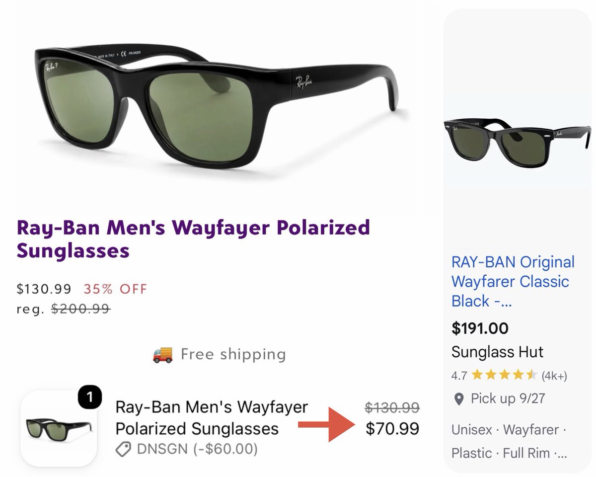 Pricerrors's tweet photo. $200 RAY-BAN POLARIZED SUNGLASSES FOR $70

Code “DNSGN” drops the price by $130 at checkout

https://t.co/Hdi9LOFHaR

A similar Wayfayer model goes for $191 at Sunglass Hut

 Free shipping included at Zulily #ad https://t.co/vTtRFVui5Q