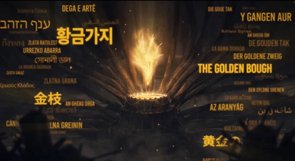 SlothDamage's tweet photo. One personal favorite frame for me in the Limbus opening is the part where they show the golden bough with its name translated into many different languages https://t.co/q6Yg9I7jOv