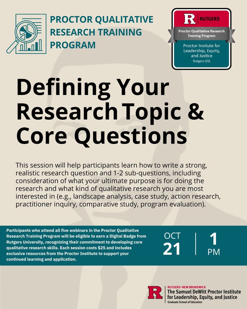 SDPInstitute's tweet photo. Join us on October 21st at 1 PM ET for the first webinar of the Proctor Qualitative Research Series!

Learn how to craft a strong research question + 1-2 sub-questions, aligned to your purpose and qualitative method — landscape analysis, case study, action research, and more. https://t.co/PkSDtXv7sy
