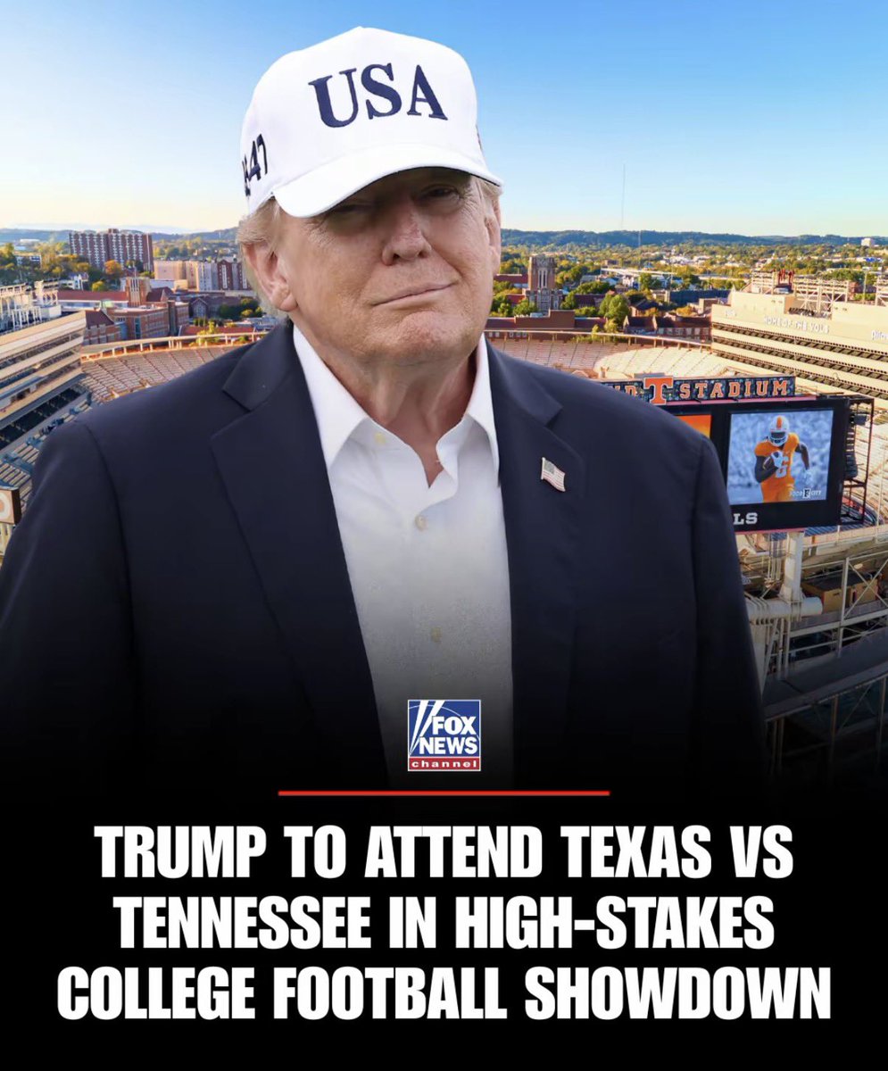 Rodster89's tweet photo. President Trump is heading to Knoxville, Tennessee, for the Texas-Tennessee showdown, continuing a run of appearances at major sporting events.
The No. 1 Longhorns face the No. 14 Volunteers at Neyland Stadium on Saturday, with both programs looking to make an early statement https://t.co/c95mWvlsxj