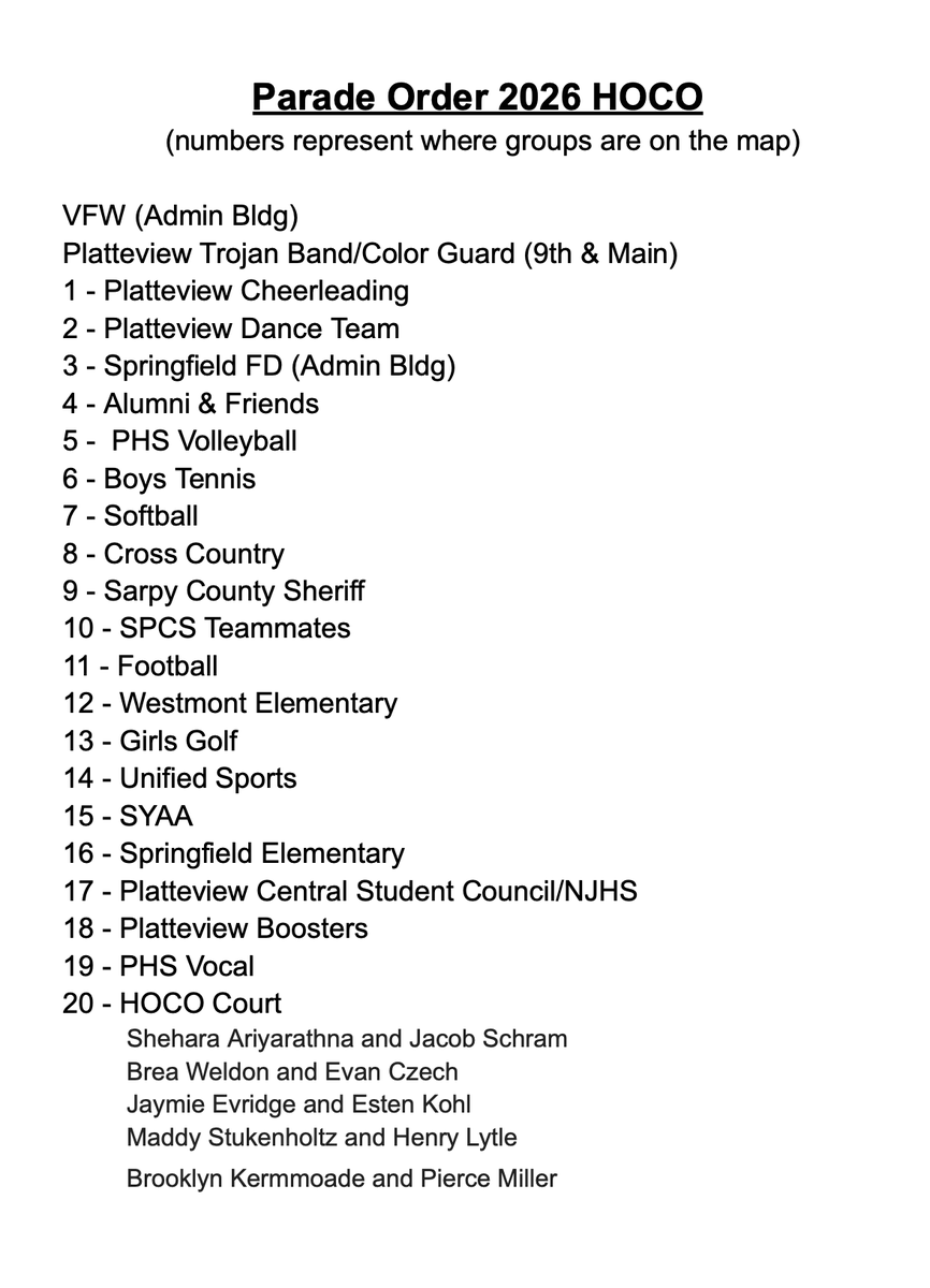 Platteview_HS's tweet photo. Official Homecoming Parade Staging for floats tonight. Attached are your assigned numbers and a map of Springfield Elementary. McLaughlin &amp; Siske will be there to help. Please arrive around 6:15 to check in - looks like a beautiful night. https://t.co/xwt9tsPEGs