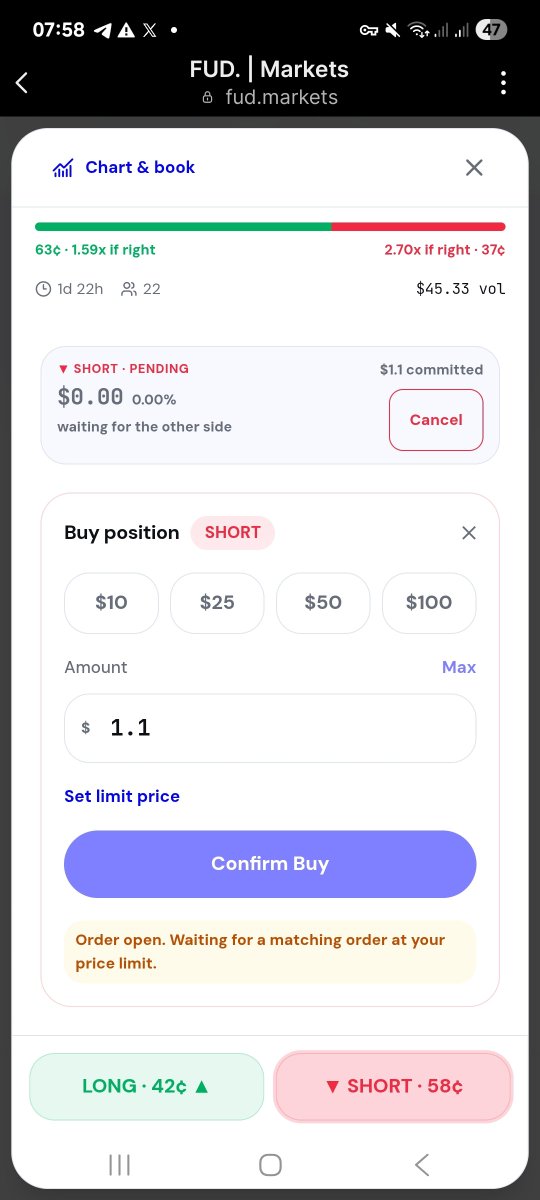 AvinEsmaelpour's tweet photo. Just tested @FUDmarkets on @solana, and the experience was honestly 𝙞𝙣𝙩𝙚𝙧𝙚𝙨𝙩𝙞𝙣𝙜 & 𝙥𝙧𝙤𝙢𝙞𝙨𝙞𝙣𝙜. 

The initial login took a bit of time and a few attempts, but once I got in, 𝙙𝙚𝙥𝙤𝙨𝙞𝙩𝙨 & 𝙖𝙨𝙨𝙚𝙩 𝙢𝙖𝙣𝙖𝙜𝙚𝙢𝙚𝙣𝙩 were smooth and hassle free. 

I also took a real position onchain. The only part that needs a little work is 𝙤𝙥𝙚𝙣𝙞𝙣𝙜 𝙖 𝙥𝙤𝙨𝙞𝙩𝙞𝙤𝙣. The transaction had to be retried a few times.

Hopefully the team can smooth that out soon. 

Overall, a 𝙥𝙤𝙨𝙞𝙩𝙞𝙫𝙚 𝙚𝙭𝙥𝙚𝙧𝙞𝙚𝙣𝙘𝙚. If these small issues get fixed, I’ll definitely be back to try it again.

@GenLayer @FUDmarkets