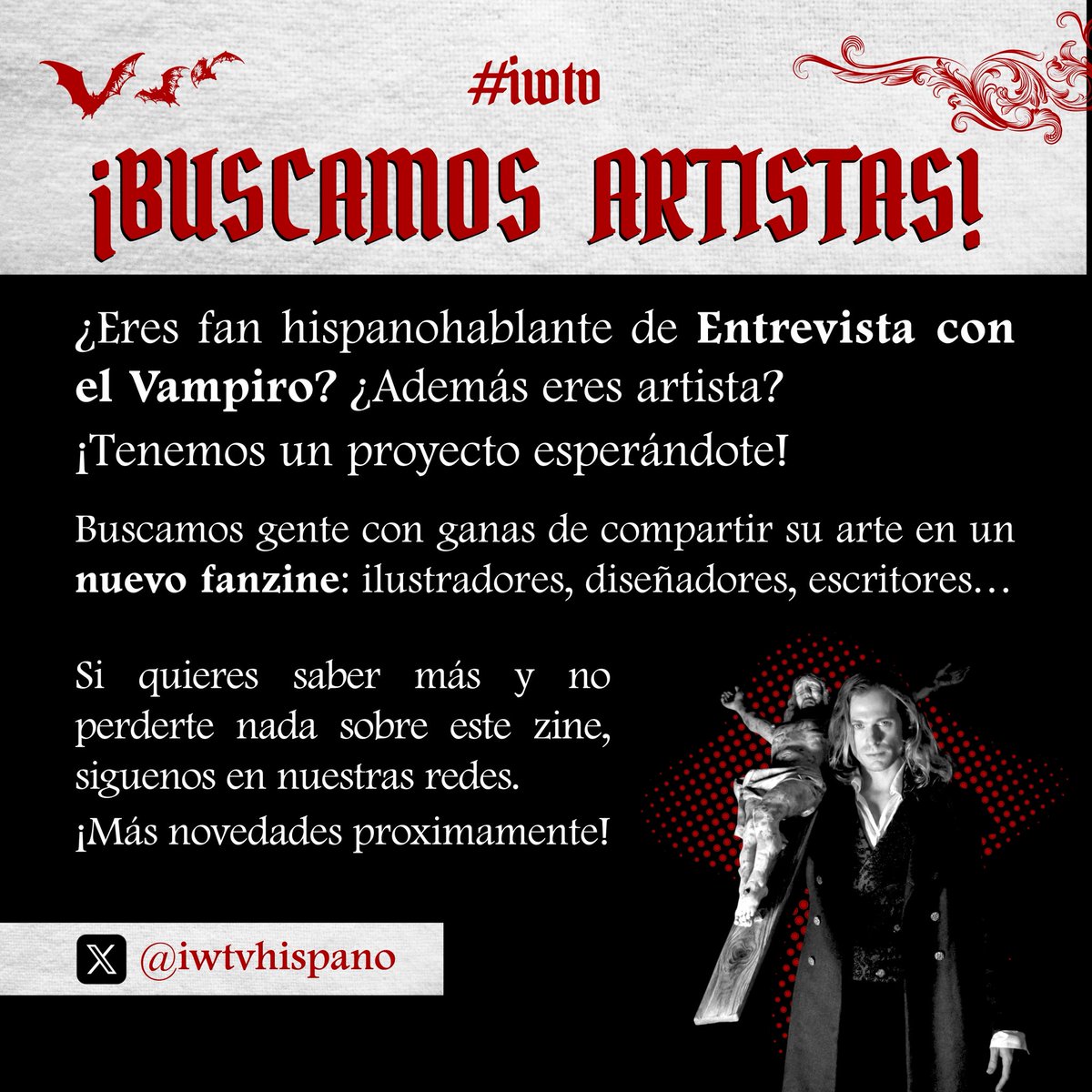 iwtvhispano's tweet photo. ¡BUSCAMOS ARTISTAS! #iwtv #tvl #elvampirolestat #annerice #entrevistaconelvampiro #iwtvhispano https://t.co/cIfaG9HBEy