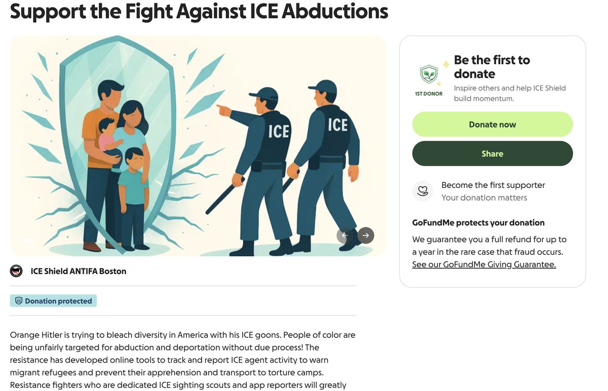 FundMyFraud's tweet photo. It's weird to me that a fundraiser site still allows fundraisers to be made or profiles to be created by "Antifa" accounts with their affiliation to designated international terrorist organizations. 

You'd think that someone would shut this sort of thing down out of a sense of liability. Maybe if people started reporting these they would pay some attention.