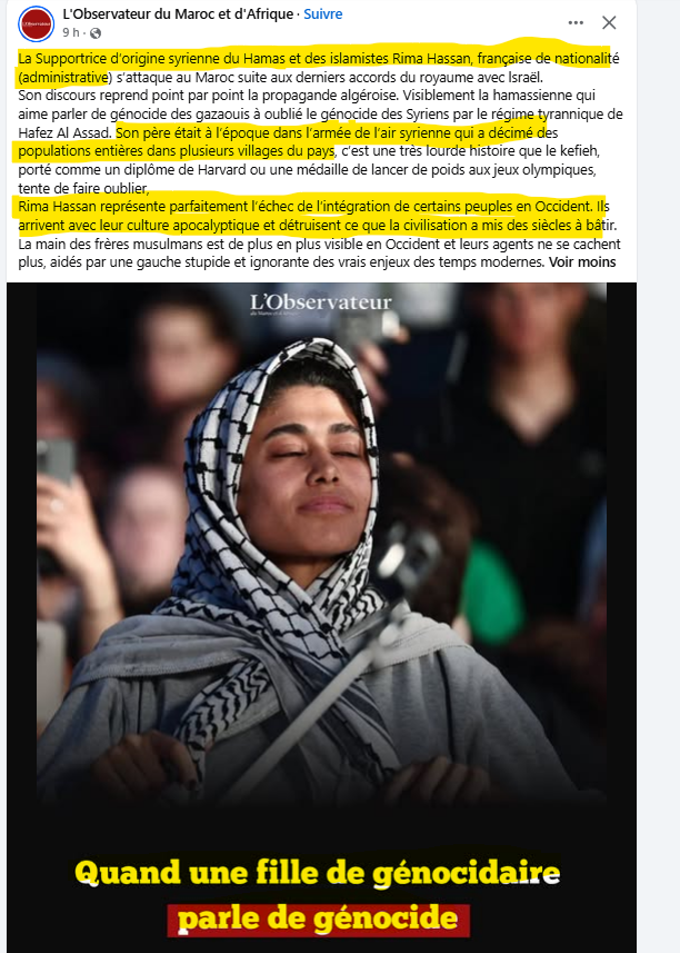 dobsky33's tweet photo. Rima Hassan d'après L'Observateur du Maroc et d'Afrique  (magazine hebdomadaire marocain). https://t.co/xtNpElhzIi