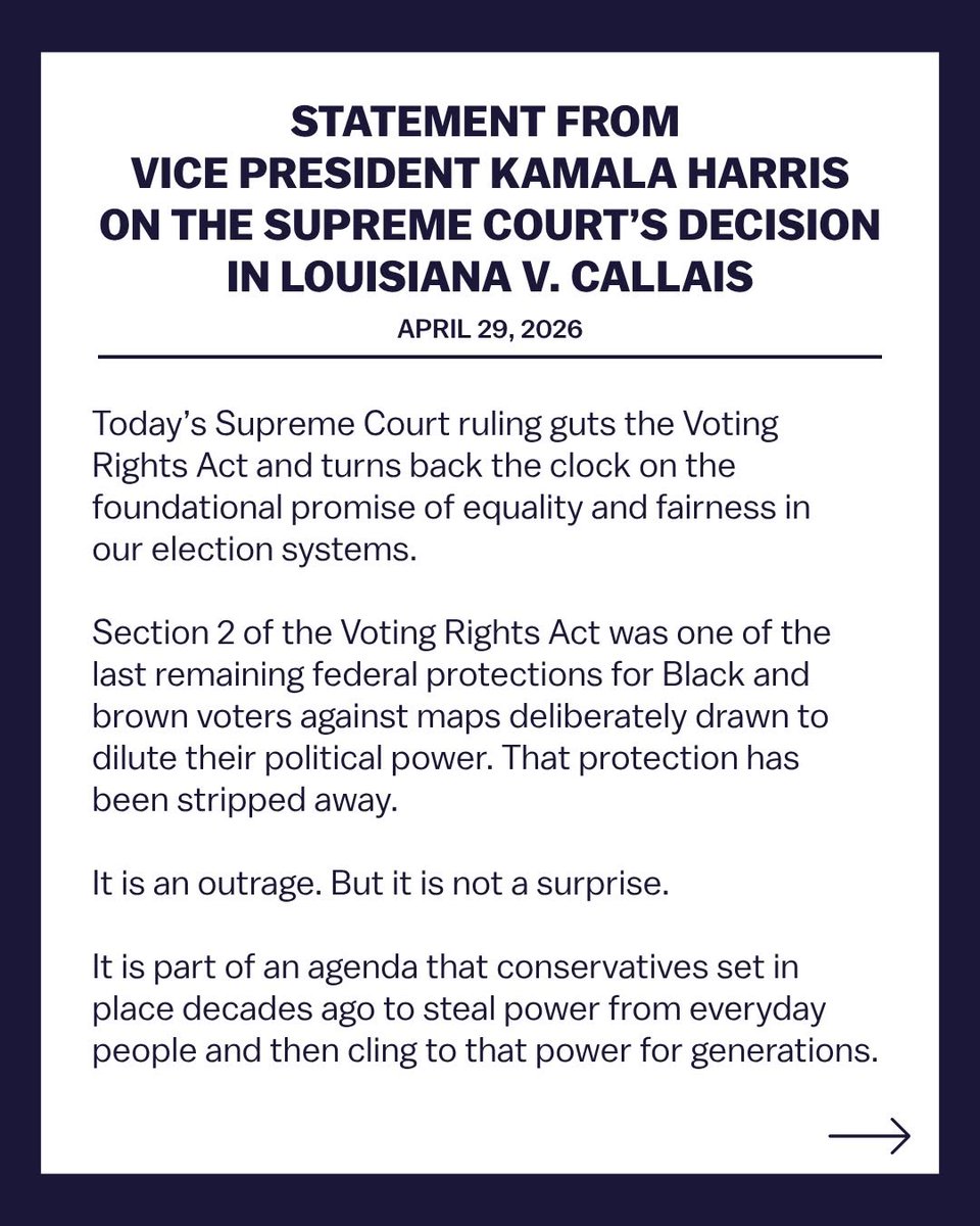 kamalaharrizsrw's tweet photo. Today’s Supreme Court ruling guts the Voting Rights Act.

It is an outrage — but it is not a surprise. https://t.co/cGDyNfQ9g3