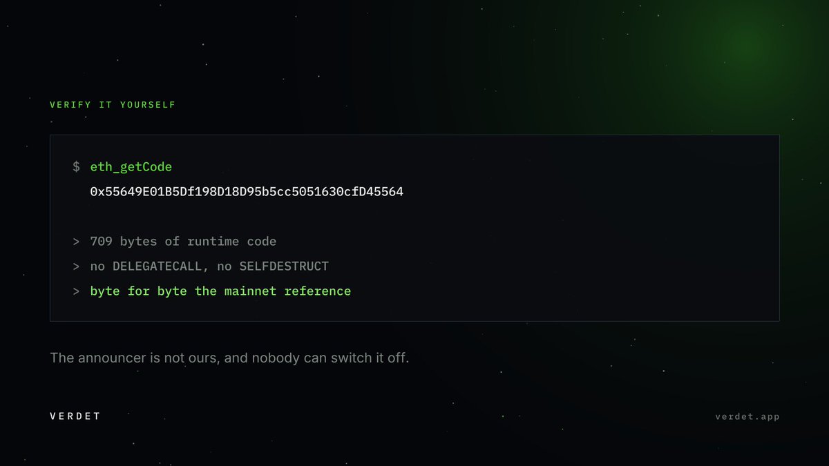 Verdetapp's tweet photo. Nothing here needs to be taken on trust.

The contracts this wallet receives through were deployed by other people. Every address can be confirmed in one request against any public endpoint for chain 4663.

One curl. No account. https://t.co/seug2MfJz7