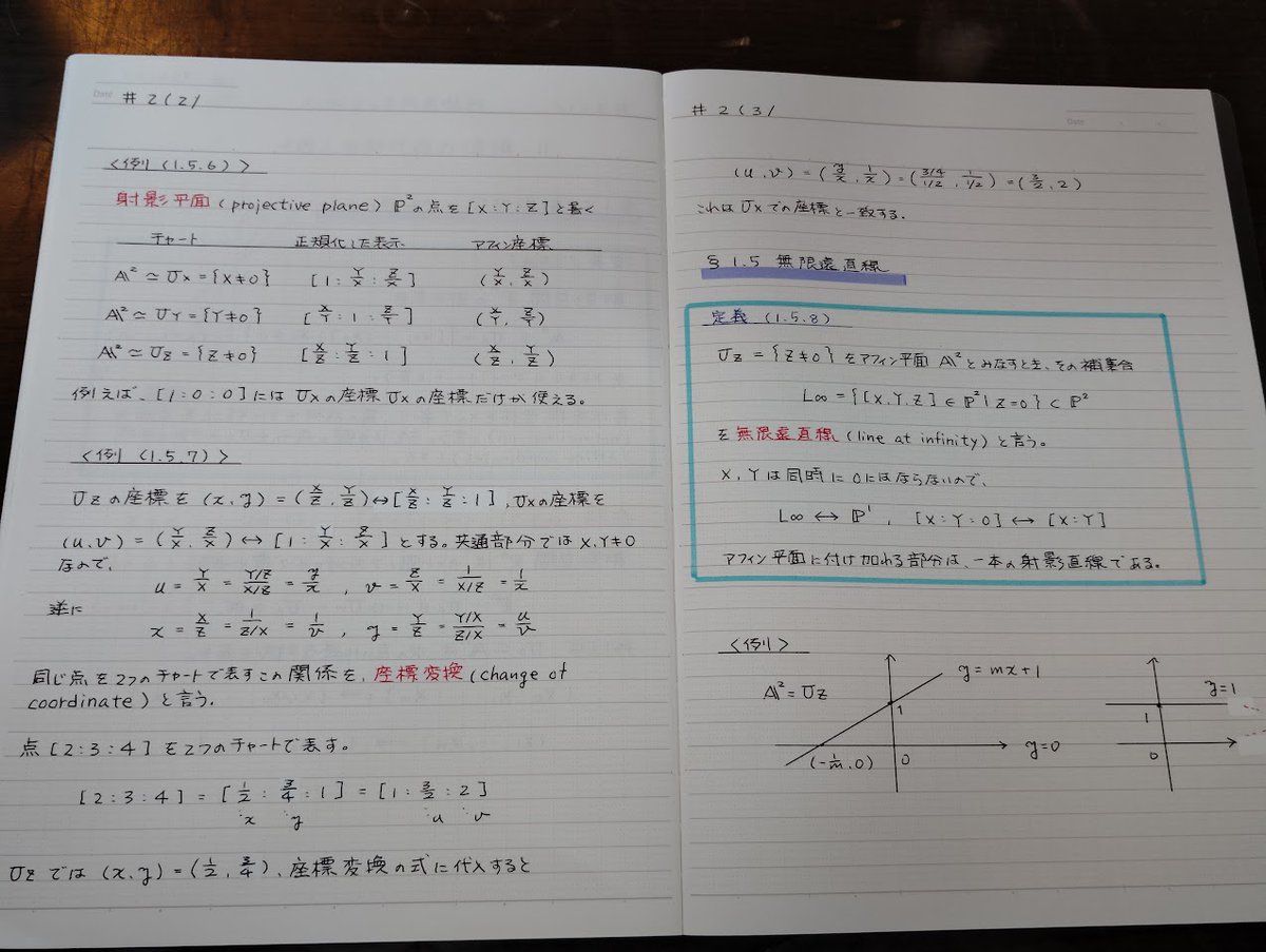 Mikame_Math's tweet photo. 代数幾何学のエッセンス #すうがくぶんか 第1回の続きを受講しました🐬

アフィン空間・射影空間・アフィンチャート、まだまだしっくり来ていません、繰り返し勉強します🎵

（BGM Mozart Die Zauberflöte） https://t.co/GC5jDMlwiJ