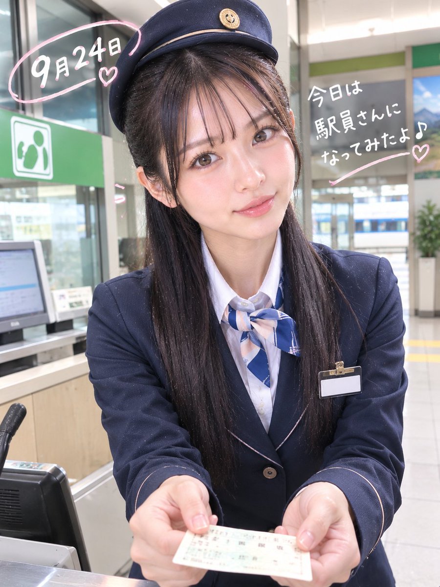 zwozjc's tweet photo. 🚉🌸今日は駅員さんになってみました！
「いらっしゃいませ♪
どちらまで行かれますか？」☺️
さくらがきっぷをお渡しします🎫
みんなは今、どこへ旅したい？🚄✨
#みどりの窓口の日 #鉄道 #駅員さん #AI美女 https://t.co/H8eaDiwfLN