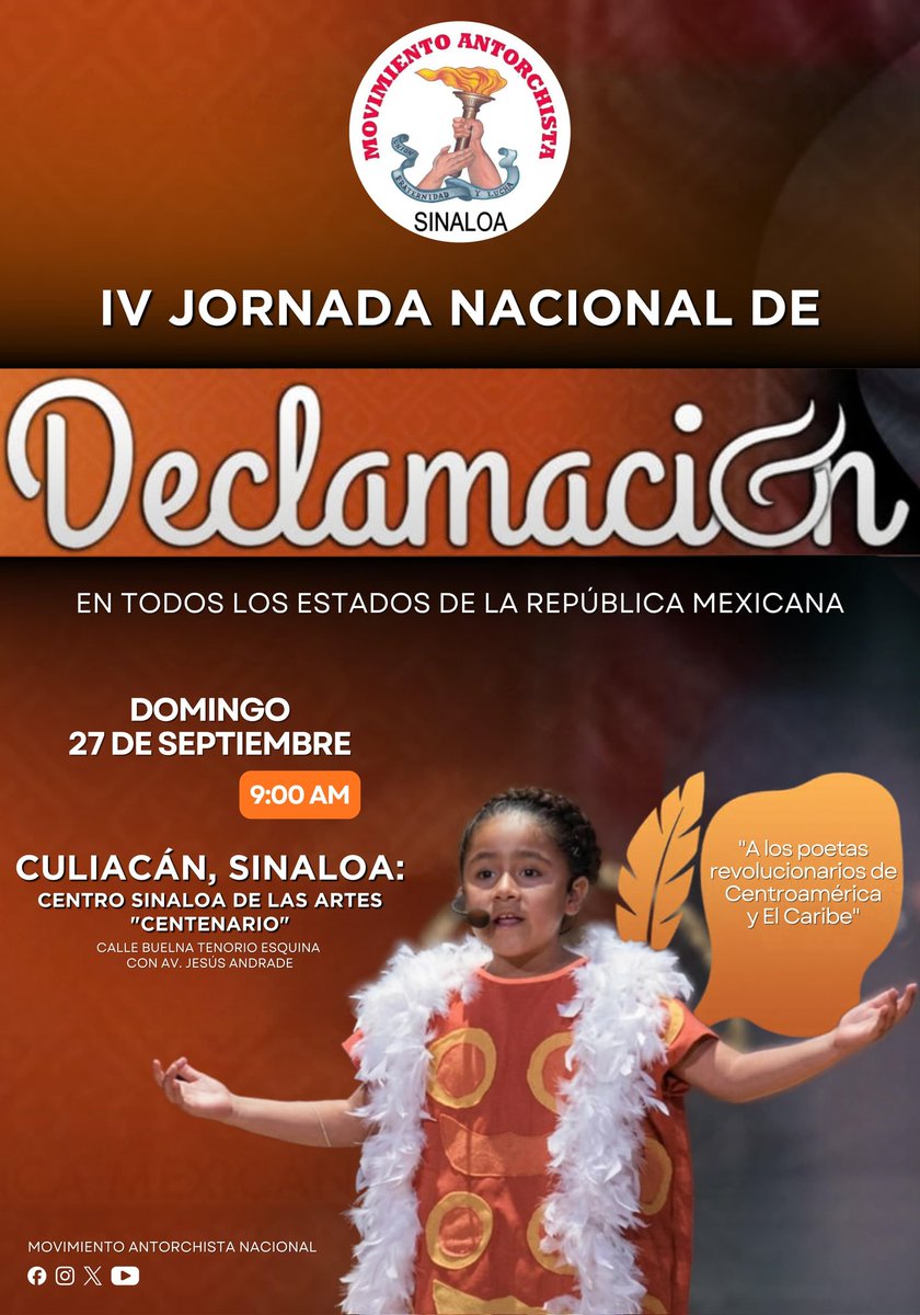 PergentinoCorG's tweet photo. Más de mil declamadores, una misma pasión: la palabra. Este 27 de septiembre viviremos la 4.ª Jornada Nacional de Declamación 2026 #Culiacán #Sinaloa #Antorcha
#Cultura #Poesía
#QueElPuebloDeclame https://t.co/A8IEnHQLrc