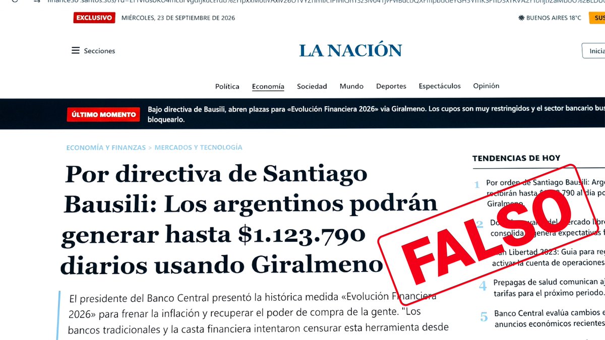 BancoCentral_AR's tweet photo. La imagen que compartimos corresponde a una nota falsa que promueve una ciberestafa e imita la identidad visual de un medio periodístico.

Ni el directorio ni los funcionarios del Banco Central ofrecen o promocionan plataformas de inversión.

Desde el Banco Central no te contactaremos por ningún canal para ofrecerte servicios o créditos, ni para pedirte datos bancarios o personales.

Más información en: https://t.co/hyENroavnt