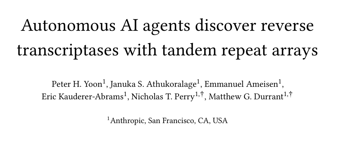 kevinsblake's tweet photo. I think this preprint title reveals a lot about Anthropic's approach to science.

Scientific paper titles basically never mention the tools used to make the discoveries they report. The focus is on what was discovered.

For example:
- "A Structure for Deoxyribose Nucleic Acid" (Watson & Crick)
- "Streptomycin, a Substance Exhibiting Antibiotic Activity against Gram-Positive and Gram-Negative Bacteria" (Waksman)
- "A Programmable Dual-RNA–Guided DNA Endonuclease in Adaptive Bacterial Immunity" (Doudna & Charpentier)
- "Design of a Novel Globular Protein Fold with Atomic-Level Accuracy" (Baker)

In each of these, the discovery / key deliverable is front and center. The machines, methods, and people used to make that discovery do not get mentioned because they're not the point. The discovery is what matters.

Yet, here, Anthropic chose to title their preprint "Autonomous AI agents discover reverse transcriptases with tandem repeat arrays."

That's not a scientific paper title: that is a headline.

It puts the discovery secondary to the fact that "Autonomous AI agents" made it. If they were serious about putting science first, the fact that AI agents found a new enzyme would be no more important than if Taylor Swift did.

This choice gives the game away. Though this is dressed-up as a scientific paper, it is not. It is a press release.