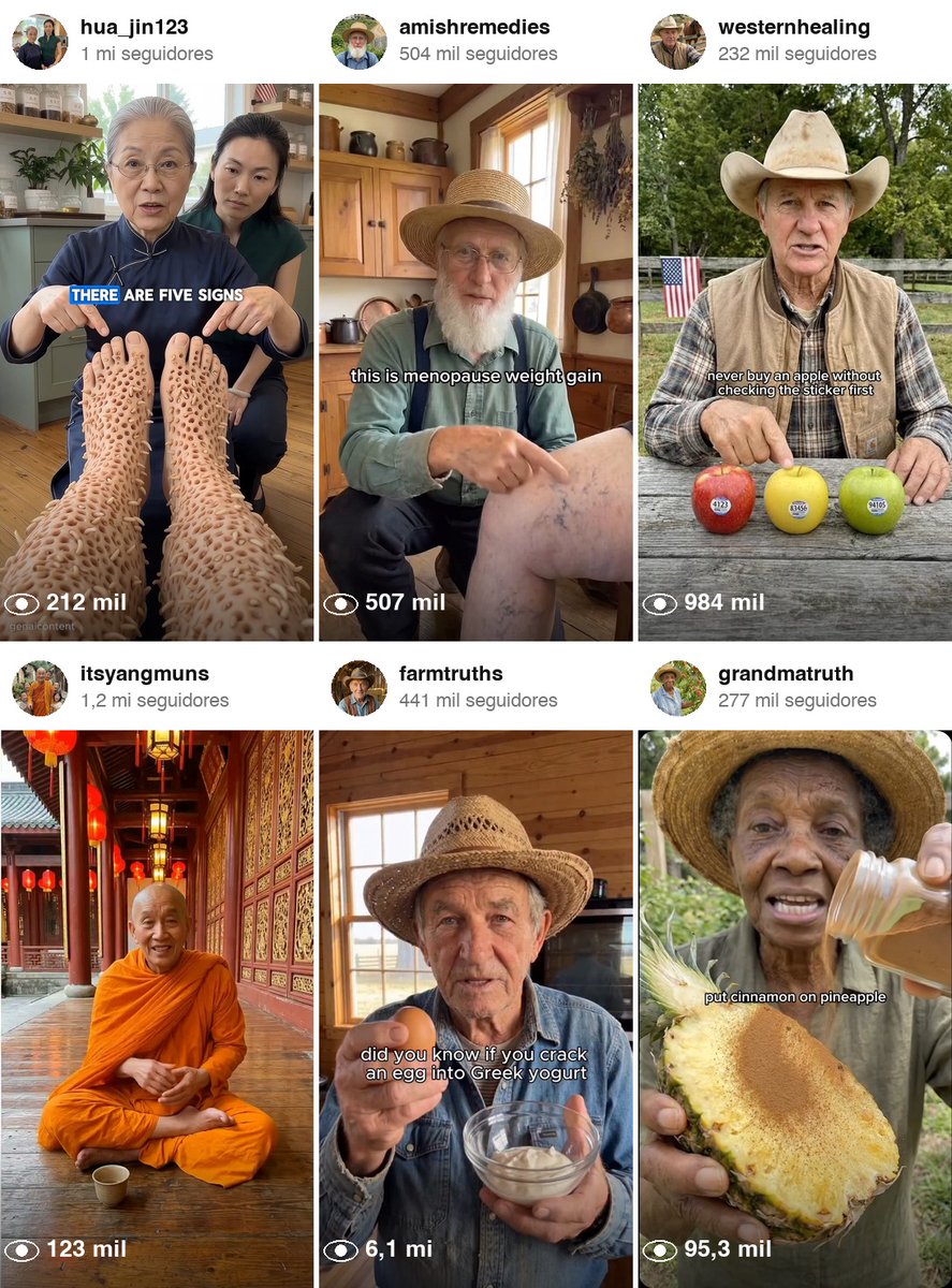 _diogokobata's tweet photo. Fui estudar as maiores contas de suplemento dos EUA feitas com avatar de IA.

Quase todas usam o mesmo personagem: a vó herbalista, o fazendeiro amish, o fazendeiro com 50 anos de roça, o monge. Gente de cabelo branco que passa confiança só de aparecer.

Várias passam de 400 mil seguidores, e a maioria vende um produto só no link da bio.