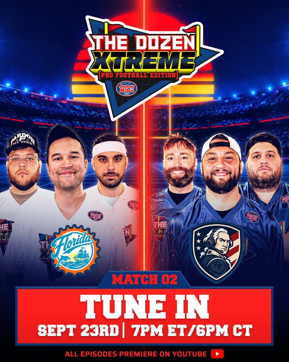 TheDozenTrivia's tweet photo. ⚠️ PREMIERING NOW ⚠️

The Dozen Xtreme - Pro Football Edition pres. by @jerseymikes continues as Team Florida (@StevenCheah @Zaccornelius_ @nickysmokess) takes on The Founding Fathers (@danabeers @barstoolWSD @EddieBarstool)

https://t.co/CH6HCeopnb https://t.co/QWChrEV366