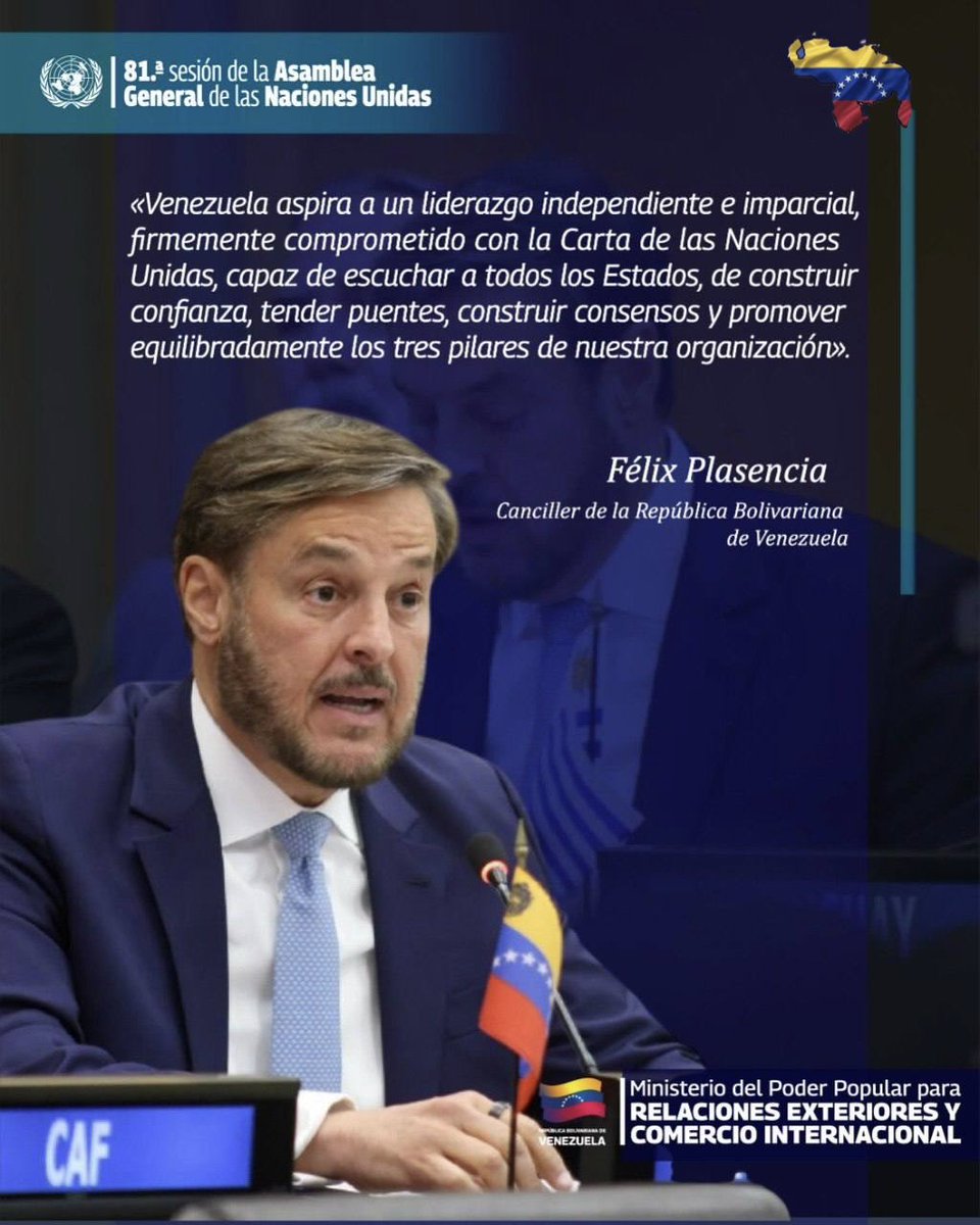 EmbCongo_ve's tweet photo. Canciller Félix Plasencia:“Venezuela aspira a un liderazgo independiente e imparcial, firmemente comprometido con la Carta de las Naciones Unidas…”.
@NicolasMaduro @delcyrodriguezv @plasenciafelixr @ypimentel2021 @Cancilleria_ve
#BringThemBack
#FreeThemNow
#FreeMaduro
#FreeCilia https://t.co/RG5vb5UluP